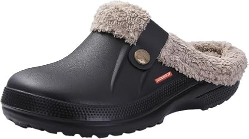 NIDDISLIP Unisex Winter Pelz Gefüttert Clogs Schuhe Gepolsterte Fleece Clogs Indoor Outdoor Fuzzy Slippers Comfy Memory Foam Fluffy Gefüttert Clogs Garten Wasserdicht Pantoletten, Schwarz 1, 6.5-7 US von NIDDISLIP