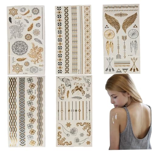 5pcs Tattoo Aufkleber, Gold Silber Metallic Glitter Tattoos, wasserdichte Tattoo -Aufkleber gefälschte Tattoos für Armbein Erwachsene oder Kinder, Glitter -Tattoos von NIDONE