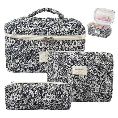 Blumen -Make -up -Tasche, Gesteppte Make -up -Tasche Set 3PCS Baumwollblumen in verschiedenen Größen, Zip -Verschluss ästhetischer Toilettenorganisator für Frauen Mädchen Reisen von NIDONE