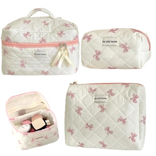 Bogen -Make -up -Tasche, 3PCS große Kapazitätsschwund -Make -up -Tasche, tragbare süße, Reißverschluss niedliche Kosmetik für Frauen, die Mädchen Reisen, gesteppt von NIDONE