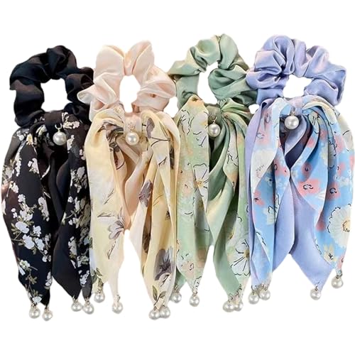 Bow Scrunchie, Haarrunchies, 4pcs Large Bow Scrunchie, Blumenmuster Haarbindungen mit Bögen und Imitation Perle, elastische Pferdeschwanzhalter für Frauen Mädchen von NIDONE