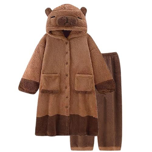 Capybara Pyjamas Cute & Fluffy Pyjamas Set enthält Nachtrobe & Pyjama Hosen Loose Thermal Coral Fleece Capybara Pyjamas für Zuhause, Schlafsaal, extra groß, Pyjama Hosen von NIDONE