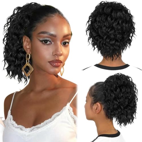 Curly Ponytail, Curly Ponytail Extension 8 Zoll schwarz verstellbarer Drawess gefälschter Pferdeschwanz mit atmungsaktivem Netz natürlicher und leicht aussehender Pferdeschwanzerweiterung für Frauen von NIDONE