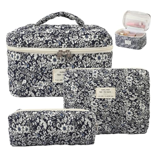 Gesteppte Make -up -Beutel Set 3PCS Baumwollblumen -Make -up -Tasche in verschiedenen Größen, Zip -Verschluss ästhetischer Toilettenorganisatorin für Frauen Reisen Frauen von NIDONE