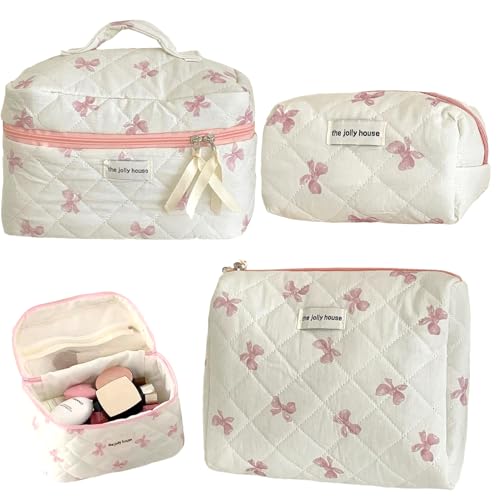Gesteppte Make -up -Tasche 3PCS großer Kapazitätsbogendesign, tragbare und niedliche Kosmetikbeutel Reißverschluss für Frauen und Mädchen von NIDONE