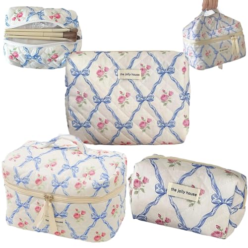 Gesteppte Make -up -Tasche Set 3PCS Gesteppte Blumen -Make -up -Tasche süße Baumwoll -Ästhetik Kosmetik Kosmetische tragbare Reisetilz für Frauen & Mädchen, Style2 von NIDONE
