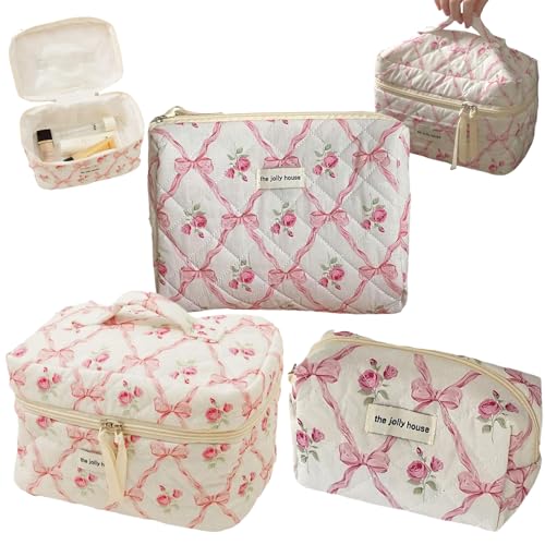 Gesteppte Make -up -Tasche Set 3PCS Gesteppte Blumen -Make -up -Tasche süße Baumwoll ästhetische Koquette Kosmetische tragbare Reisetilz für Frauen & Mädchen, Style11 von NIDONE