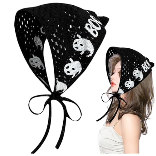 Haarbandana, Bandana Stirnband Gothic Halloween Häkelschal mit Straps Dreieck Spiderweb hohl atmungsaktives Geistermuster Häkeln für Frauen, Mädchen (schwarz) von NIDONE