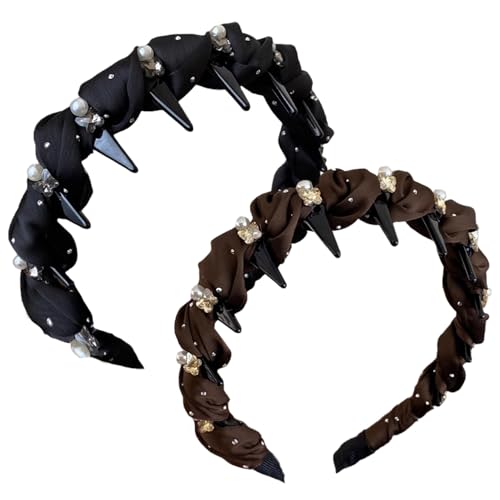 Hochkraniums -Stirnband, Vintage High Cranium Artificial Pearl Hairband 2pcs Eleganter Strass -Perlen -Stirnbänder mit Zähnen Schwarz & Kaffee Elastic Bling Stirnbänder für Frauen Mädchen von NIDONE