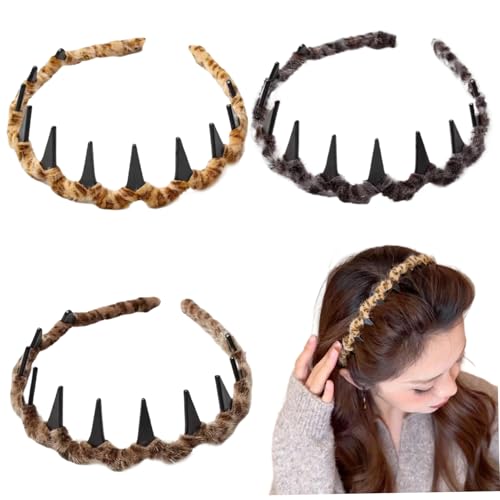 Hochschädelschädiges Stirnband 3PCS Vintage Leopardenmuster reversibler Stirnband mit Zähnen dekoratives Haarband für Frauen und Mädchen von NIDONE