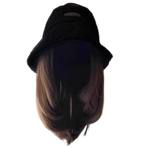 Hutperücke, schwarzer Winterfischerhut mit Haaren, 12 lockige, wellige, glattes Haar, Lämmerwollschaufel mit Perücken synthetischer Perücke mit Haaren für Frauen, Hut mit Haaren von NIDONE