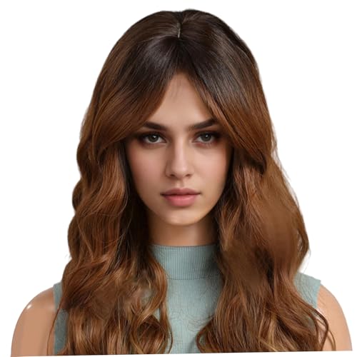 Lange wellige Perücke, lange wellige Perücke mit Pony, 26 Zoll natürlich aussehend braun lockig mit Pony High Temperatur Seide für Frauen Mädchen Party Cosplay Kostüm von NIDONE