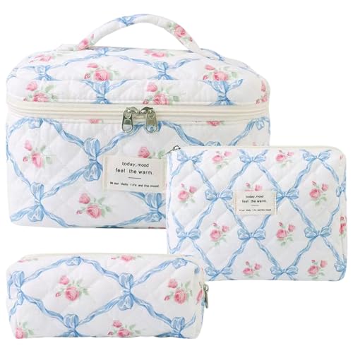 Make -up -Tasche, Gesteppte Make -up -Beutel, 3pcs Baumwolle große Reißverschluss -Reisetilmente Kosmetische Kosmetik, ästhetische Blumenmuster -Beutel für Frauen Mädchen von NIDONE