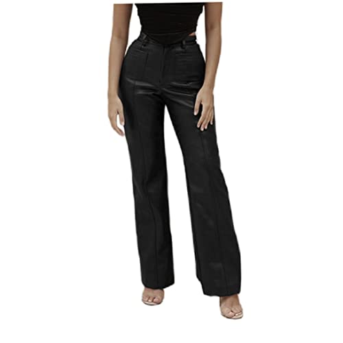 NIDONE Damen PU Lederhose Hohe Taille Stretch Hose Weites Bein Gerade Leggings Schwarz L Damenbekleidung von NIDONE