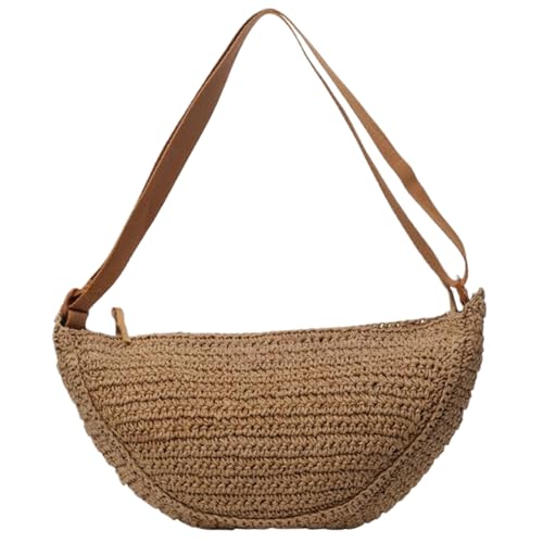 NIDONE Strohbag Chic Half Moon Bag 13x3, 5x8.7 Schulterstrand mit verstellbarem Gurt Crossbody gewebte Sommertaschen mit Reißverschluss für Frauen Beach Rattan Handtasche, Stroh von NIDONE