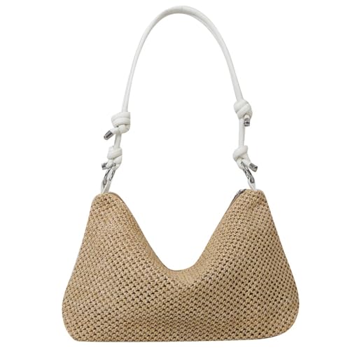 NIDONE Strohstrandbeutel PU Ledergriff Strohkreuzbodus Tasche Verstellbarer Riemen Strand mit glattem Reißverschluss Mehrzweck gewebt für Picknick Urlaub weiß von NIDONE