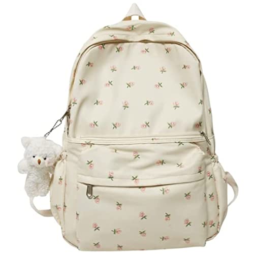 NIDONE Women's Casual Daypack Floral Print Backpack Nylon Water Resistant Rucksack mit Plüsch Bär Anhänger School Bookbag für Teenager Mädchen (Beige) von NIDONE