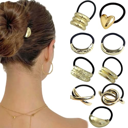Pony Tails Haarbindungen, Ponyschwänze Haarbindungen 9pcs Gold Metall Geometrische Haarbindungen für dicke Haar vielseitig metallisch elastische Haarbindungen für Frauen und Mädchen täglich Arbeit Da von NIDONE