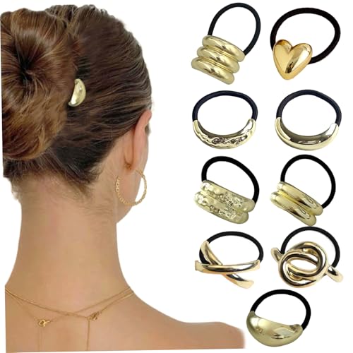 Pony Tails Haarbindungen 9pcs Gold Metall Geometrische Haarbindungen für dicke, vielseitige metallische Gummibänder für Frauen und Mädchen tägliche Arbeit Dating Accessoires, Pony Tails von NIDONE