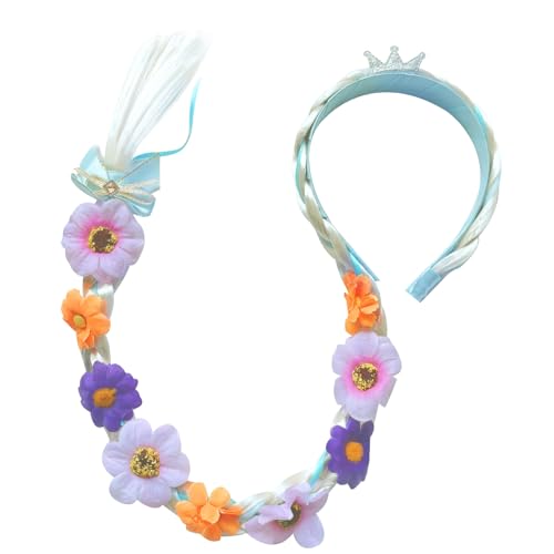 Rapunzel -Perücke für Kinder, 27 lange geflochtene Perücken Stirnbänder, Rapunzel -Haare mit Tiara Blumen, schmackgärmer Perücke für Mädchen Prinzessin Dress -up Accessoires, Style 2, geflochtene Per von NIDONE