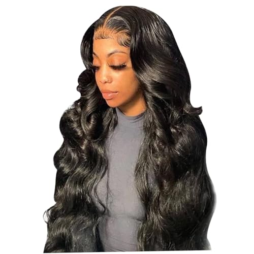 Spitzenfront Perücken menschliches Haar, 28 Zoll Körperwelle Spitzen -Vorderperücken menschliches Haar, vorgezogene schwarze Perücke mit atmungsaktivem verstellbarem Netz glühlos für Frauen, schwarze von NIDONE