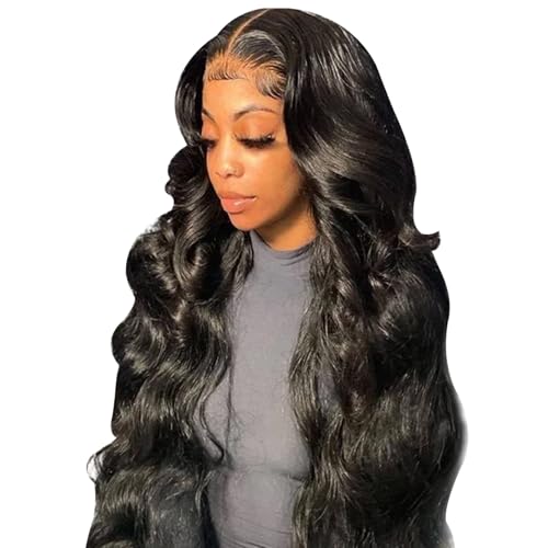 Spitzenfront Perücken menschliches Haar, 30 Zoll Körperwelle Spitzen vordere Perücken menschliches Haar, vorgezogene schwarze Perücke mit atmungsaktivem verstellbarem Netz glühlos für Frauen, schwarz von NIDONE