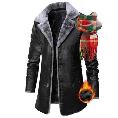 NIDSNID Herren Vintage Ledermantel,Herren Pelz Lederjacke Flieger Shearling Mantel,Dicke Leder Winterjacke + Warm and Versatile Scarf (2,S) von NIDSNID