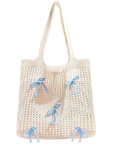 NIEBYI Gehäkelte Strandtasche für Damen mit Schleife, Stroh-Umhängetasche, Sommerurlaub-Handtasche von NIEBYI