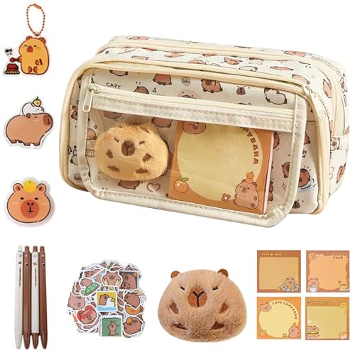 NIEEKRUN Capybara Federmäppchen, Mehrschichtiges Federmäppchen, Capybara Federmäppchens Mit Großer Kapazität, Federmäppchens mit breiter Öffnung mit Aufklebern, Federmappe für Schulsachen von NIEEKRUN
