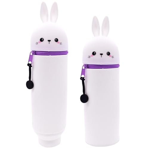 Kawaii 2-in-1-Federmäppchen aus weichem Silikon, Hasen-Federmäppchen, Steh-Federmäppchen und Stifthalter, großes Fassungsvermögen, Federmäppchen und Schreibtisch-Stifthalter, einziehbare Kapazität, von NIEEKRUN