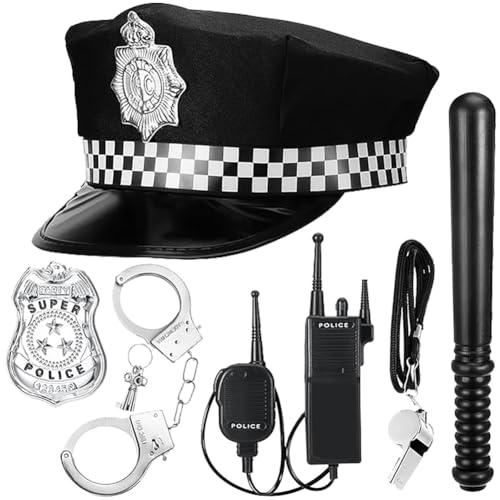 NIEEKRUN 6 Stück Polizei Kostüm Zubehör mit PolizeimüTze Walkie Talkies Handschellen Abzeichen Baton Pfeife, Polizei Kostüm Kinder Polizei Kostüm Set für Cosplay Polizei Kostüm Kinder von NIEEKRUN