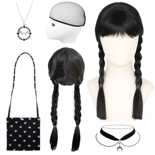 Anime Cosplay für Karneval 5PCS Wednesday Mittwochs Mittelteil Zöpfen Perücke Lang Kinder Kostüm mit Halskette Tasche Halloween Karneval Fasching Mottoparty Tägliche Cosplay Zubehör von NIEEKRUN