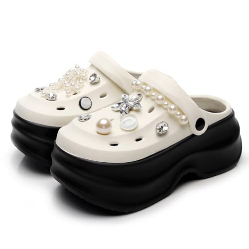 NIFFTORIA Damen Plateau Clogs Gärtner Slip On Slides Schuhe Pantoletten Hohe Absätze Strandsandalen mit Perlen Zubehör, Weiss/opulenter Garten, 38/39 EU von NIFFTORIA