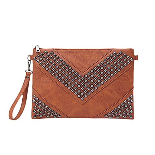 NIGEDU Übergroße Clutch Tasche Geldbörse Frauen PU Leder Crossbody Umhängetaschen Nieten Wristlet Handtasche Niet Umschlag Clutches, Braun, Large von NIGEDU