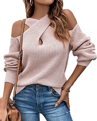 Sexy Pullover für Damen, überkreuzt, V-Ausschnitt, kalte Schulter, Ausschnitt, Laternenärmel, Neckholder-Sweatshirt, Apink, M von NIGHTMISS