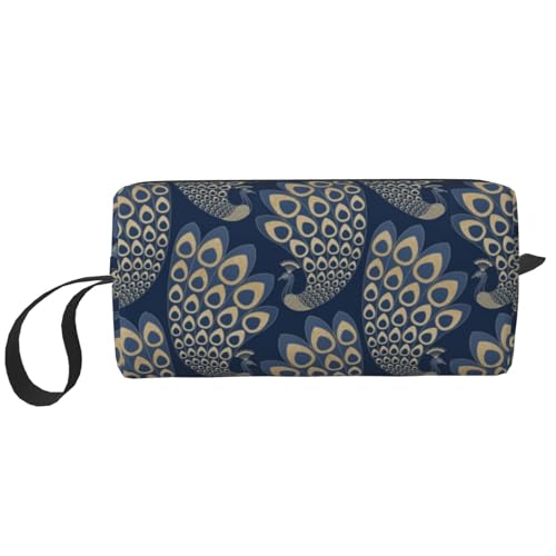 Blaugoldener Art-Deco-Pfau, Make-up-Tasche, Kosmetiktasche, tragbare Reise-Kulturtasche, Make-up-Tasche, Organizer von NIHAPUDW