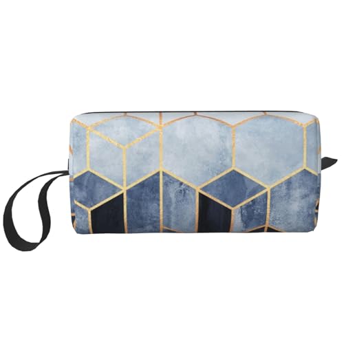 Blaugoldenes geometrisches Design, Make-up-Tasche, Kosmetiktasche, tragbare Reise-Kulturtasche, Make-up-Tasche, Organizer von NIHAPUDW