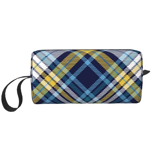 Kariertes Marineblau, Gelb, Weiß, maskuline Schönheit, Make-up-Tasche, Kosmetiktasche, tragbare Reise-Kulturtasche, Make-up-Tasche, Organizer von NIHAPUDW