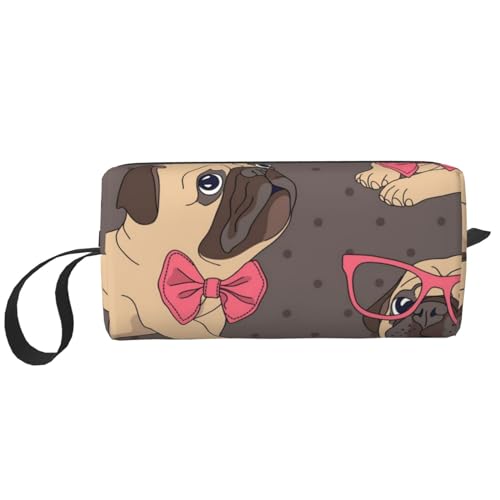 Karikatur, Mops, Welpe, In, A, Brille, Und, In, A, Fliege, Make-up-Tasche, Kosmetiktasche, tragbare Reise-Kulturtasche, Make-up-Tasche, Organizer von NIHAPUDW