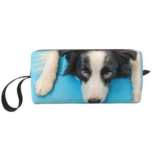 Lustiger Hündchen-Border-Collie-Blauer Hintergrund, Make-up-Tasche, Kosmetiktasche, tragbare Reise-Kulturtasche, Make-up-Tasche, Organizer von NIHAPUDW