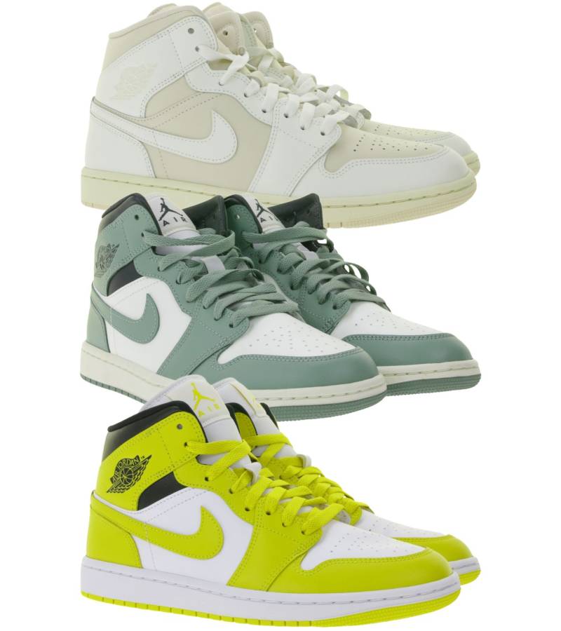 NIKE Air Jordan 1 Mid Damen Sneaker Echtleder Turnschuhe Mid-Top Sneaker BQ6472 in Weiß/Gelb, Weiß/Grün oder Beige/Weiß von NIKE