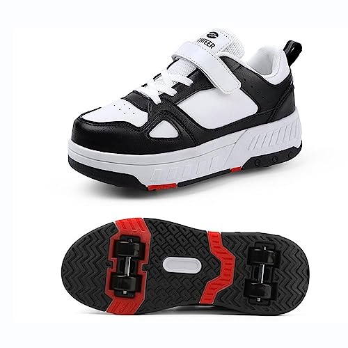 NIKSHI Schuhe Mit Rollen Versenkbarer Technischer Skateboardschuhe Sport Schuhe Kinder Rollschuhe Outdoor Turnschuhe Jungen und Mädchen 4 Rollschuhe,Black-34EU von NIKSHI