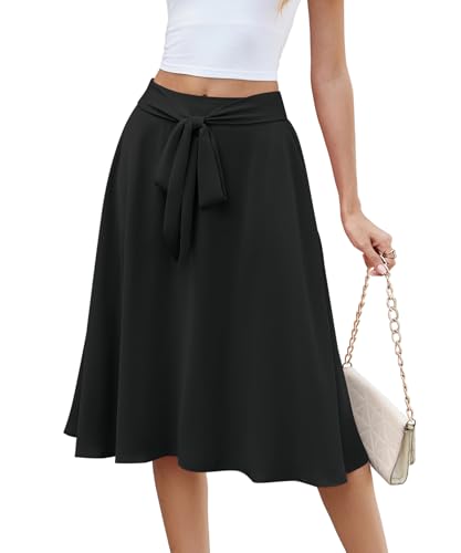NILOUFO Damen-Sommer-Rock, hohe Taille, elastisch, fließend, Knoten, Midi-Röcke mit Taschen, Schwarz, Klein von NILOUFO