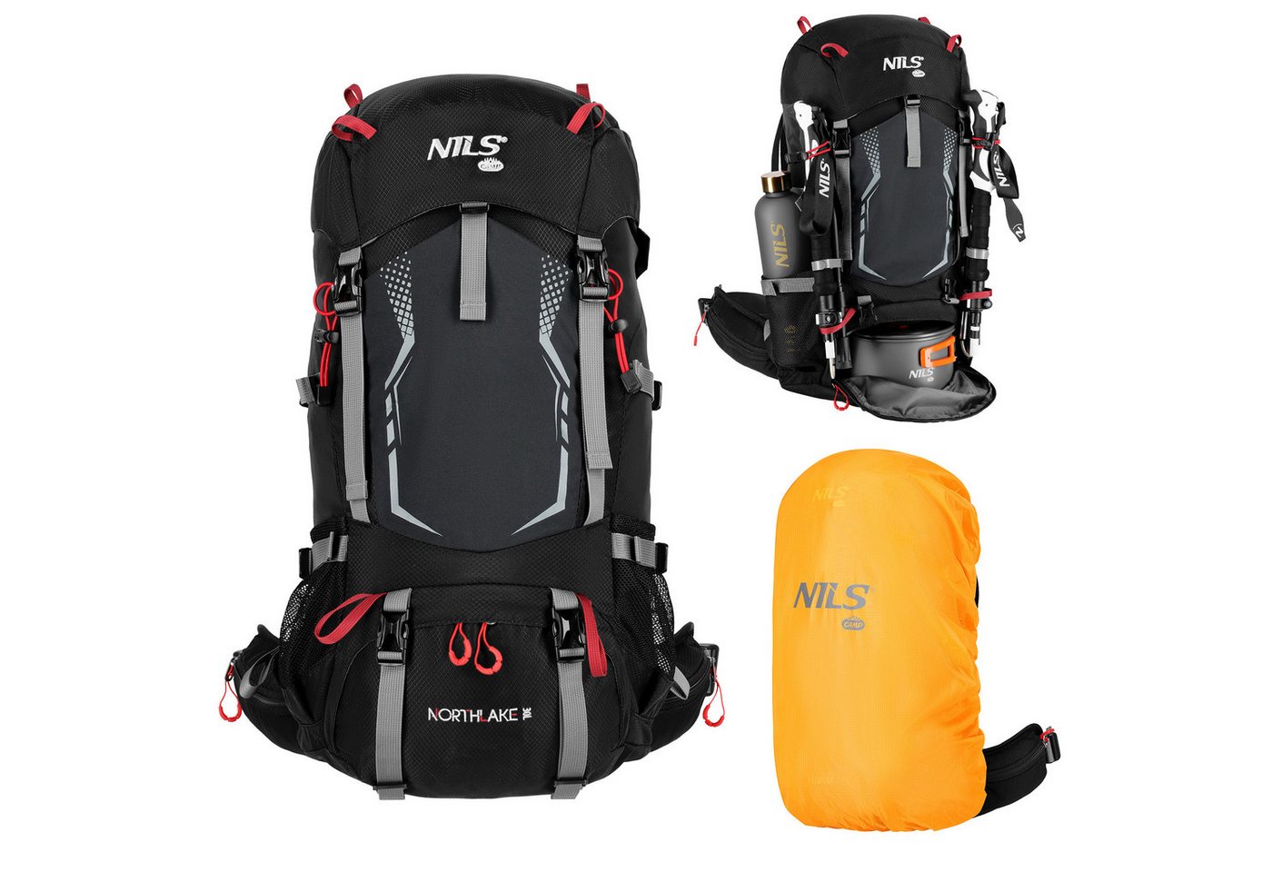 NILS CAMP Trekkingrucksack Wanderrucksack "Northlake" Black Rucksack 30L+10L Travelrucksack, mit Rain Cover & Air Flow System von NILS CAMP