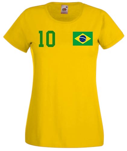 Brasilien Damen T-Shirt Brasil Trikot personalisiert mit Wunschname + Nummer - Gelb XL von NIMAMA