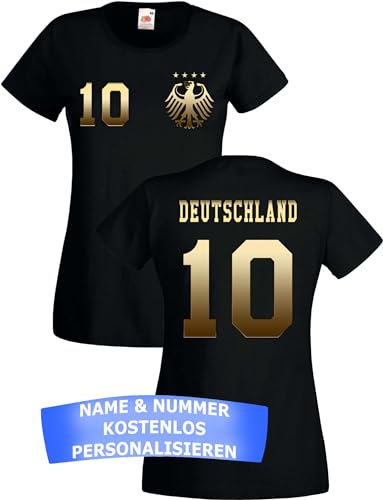 Damen T-Shirt Deutschland Trikot EM 2024 mit eigenem Namen + Nummer - Gold-Schwarz XS von NIMAMA