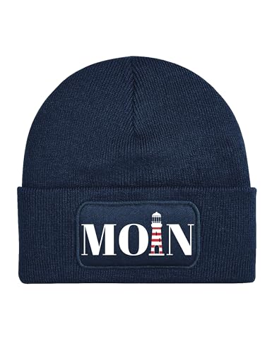 Mütze Beanie Moin Leuchtturm Wintermütze Statement Spruch Print Geschenk Unisex Strickmütze für Herren & Damen - Navyblau von NIMAMA