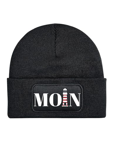 Mütze Beanie Moin Leuchtturm Wintermütze Statement Spruch Print Geschenk Unisex Strickmütze für Herren & Damen - Schwarz von NIMAMA