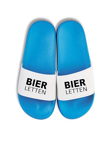 NIMAMA Bier Letten Badelatschen - Statement Flip Flops Badeschuhe Unisex - Badesandalen & Hausschuhe für Damen & Herren mit lustigem Spruch - Blau/Weiss - 44/45 von NIMAMA