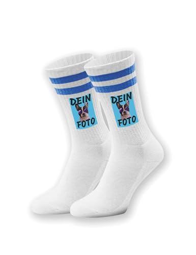 NIMAMA Damen & Herren Socken bedrucken lassen mit eigenem Foto - Unisex Tennissocken als Geschenk - Weiße Sportsocken mit lustigem Logo Statement - Weiß/Blau 42/46 von NIMAMA